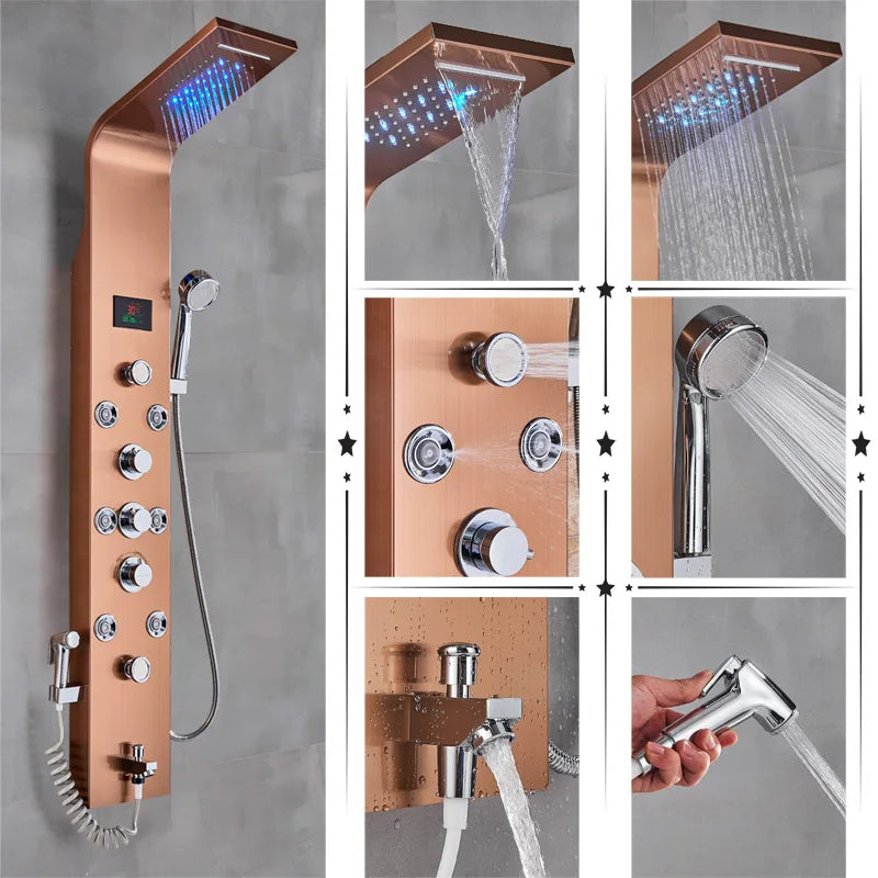Luxury Black/Brushed Bathroom Shower Faucet Led Rainfall Shower