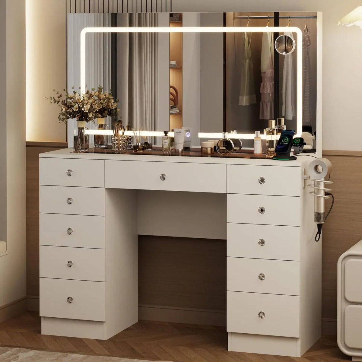 White Vanity Desk Mirror & Led Lights Modes