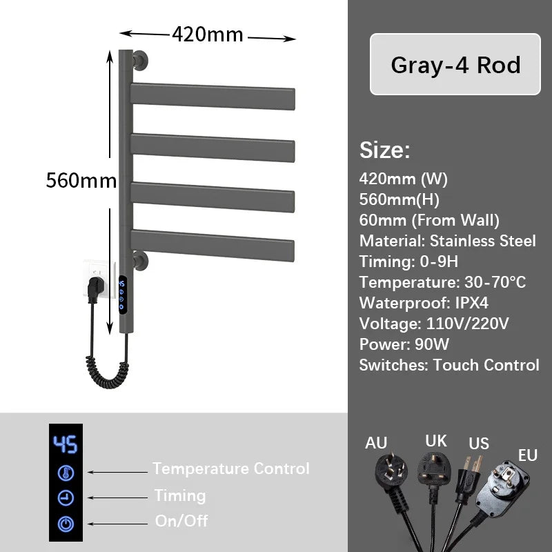 Black Electric Towel Rack Bathroom Temperature Time Smart