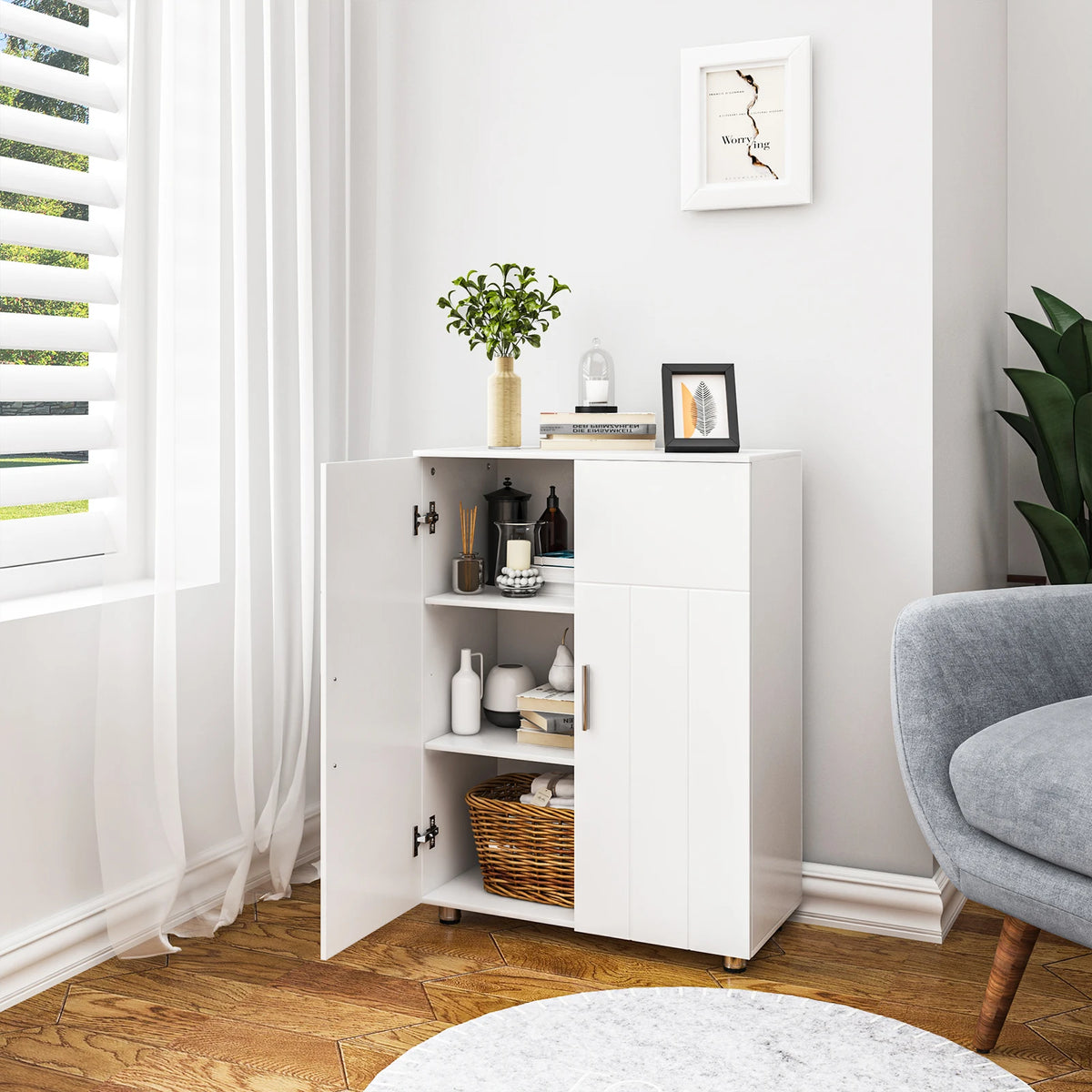 Eugad White Bathroom Cabinet Adjustable Shelves Doors