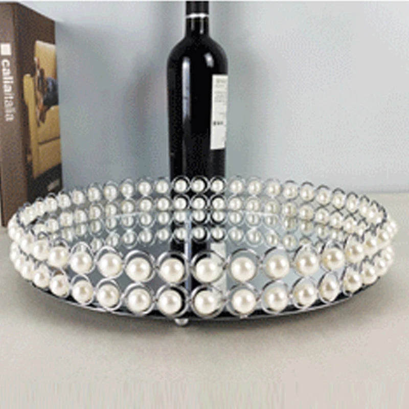 European Pearl-Edged Glass Tray Ornaments Cosmetic Mirror Storage
