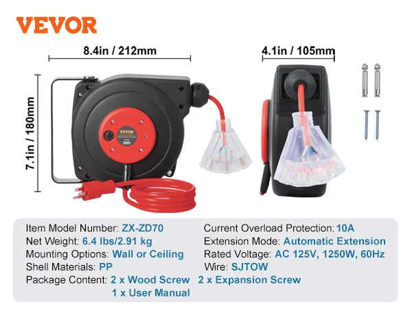 Succebuy Retractable Extension Cord Reel 30ft Lighted Triple