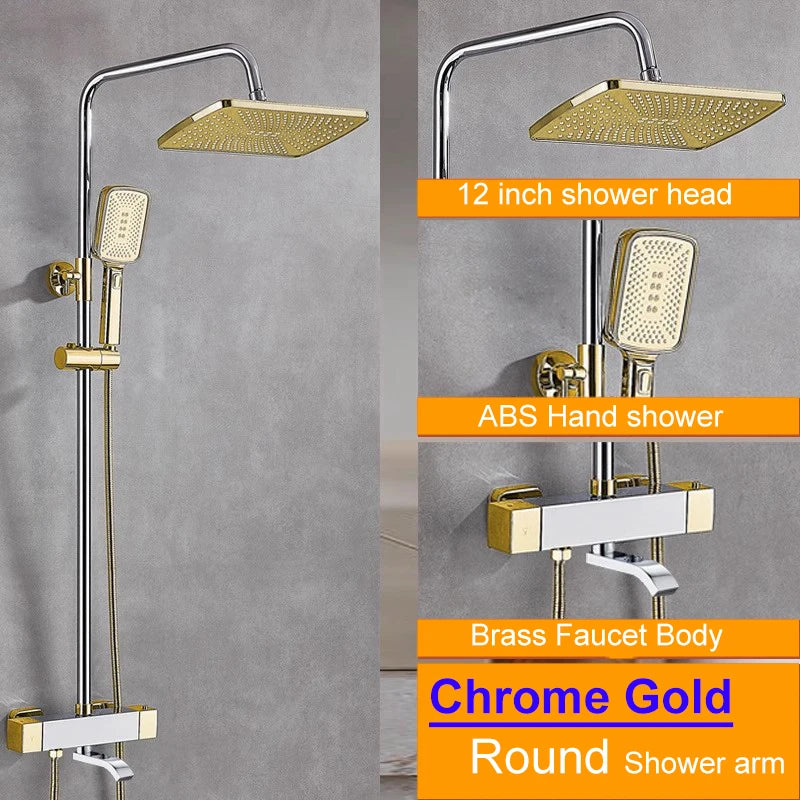 Square Thermostatic Bathroom Shower Quality Brass Cold Gold