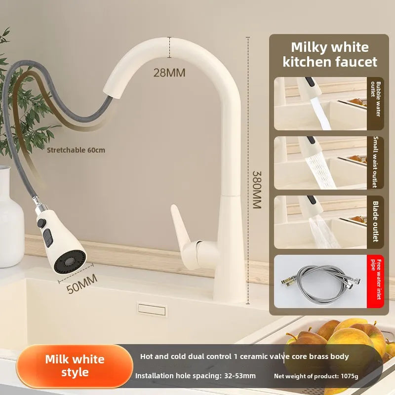 Wooden Cream Pull-Out Cold All Copper Faucet Retractable