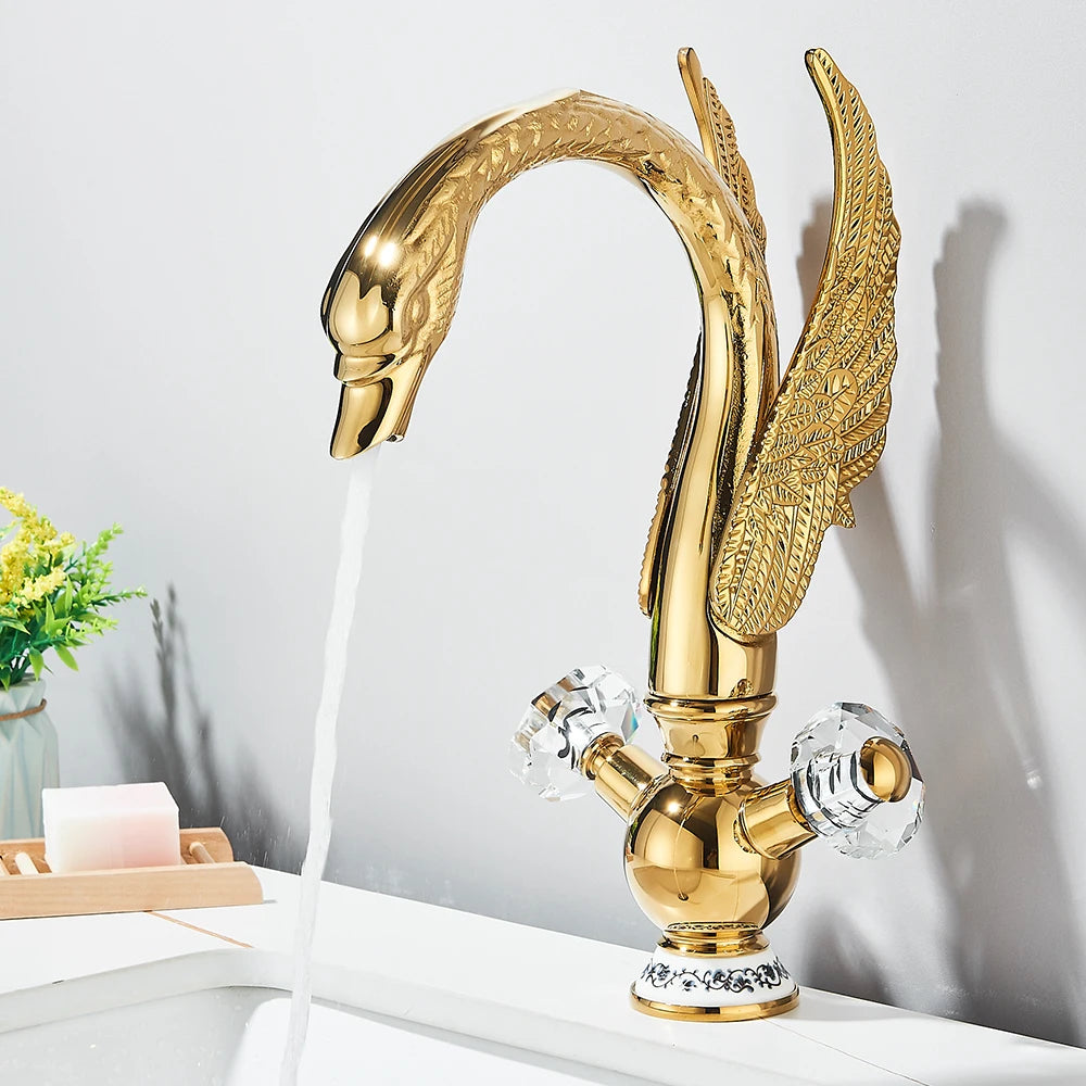 Golden Luxury Swan Basin Faucet Deck Mounted Bathroom