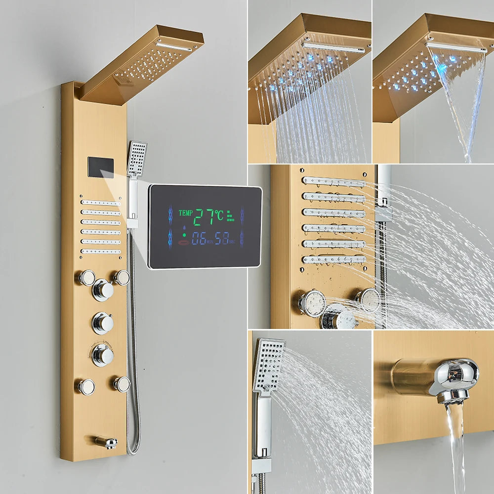 Golden Black Shower Panel Wall Rain Waterfall Shower