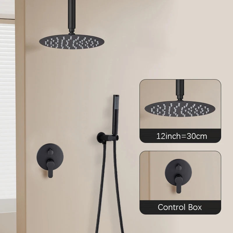 Black Brass Shower System Rain Shower Faucet Bathroom