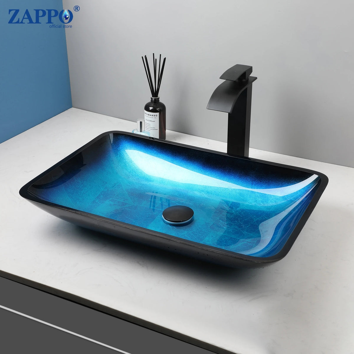 Zappo Tempered Glass Bathroom Vessel Sink Waterfall Black