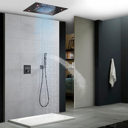Black Led Thermostatic Bathroom Shower Faucet Rain Waterfall