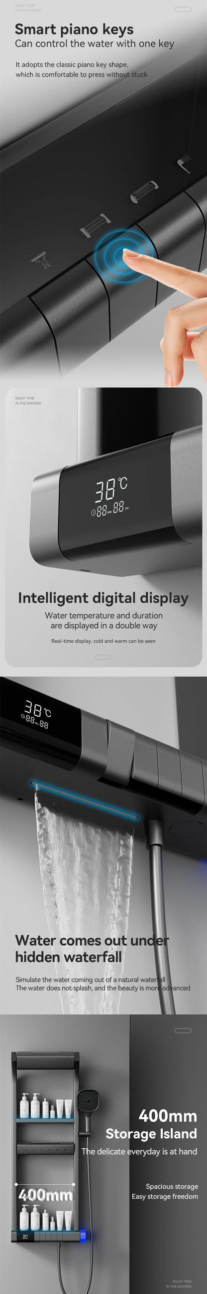 Black Multi-Function Shower System Bathroom Wall Mounted