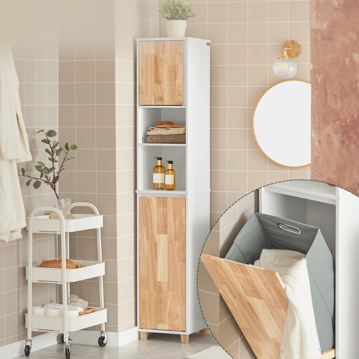 Sobuy Bzr74-W Bathroom High Wardrobe Fold-Out Laundry Bag