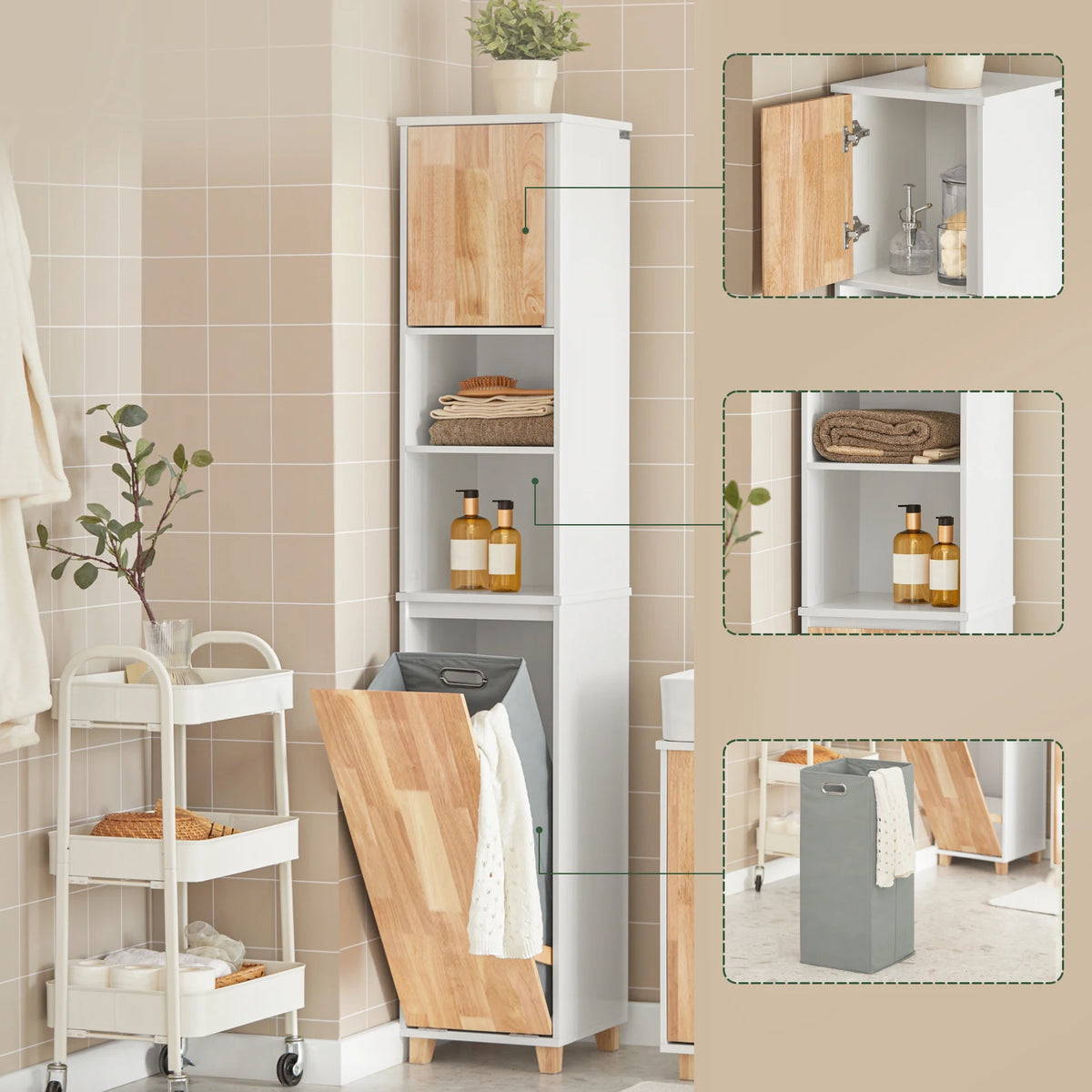 Sobuy Bzr74-W Bathroom High Wardrobe Fold-Out Laundry Bag