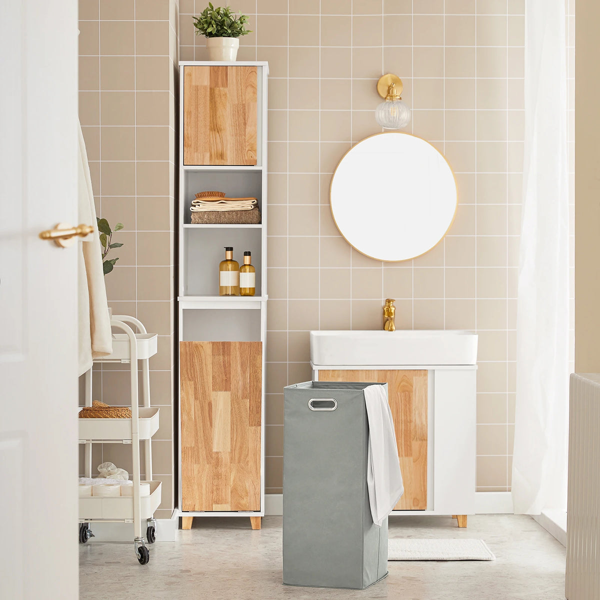 Sobuy Bzr74-W Bathroom High Wardrobe Fold-Out Laundry Bag