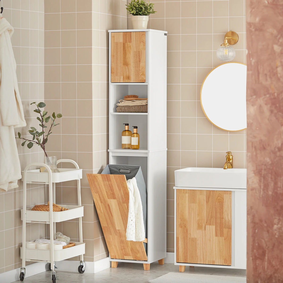 Sobuy Bzr74-W Bathroom High Wardrobe Fold-Out Laundry Bag