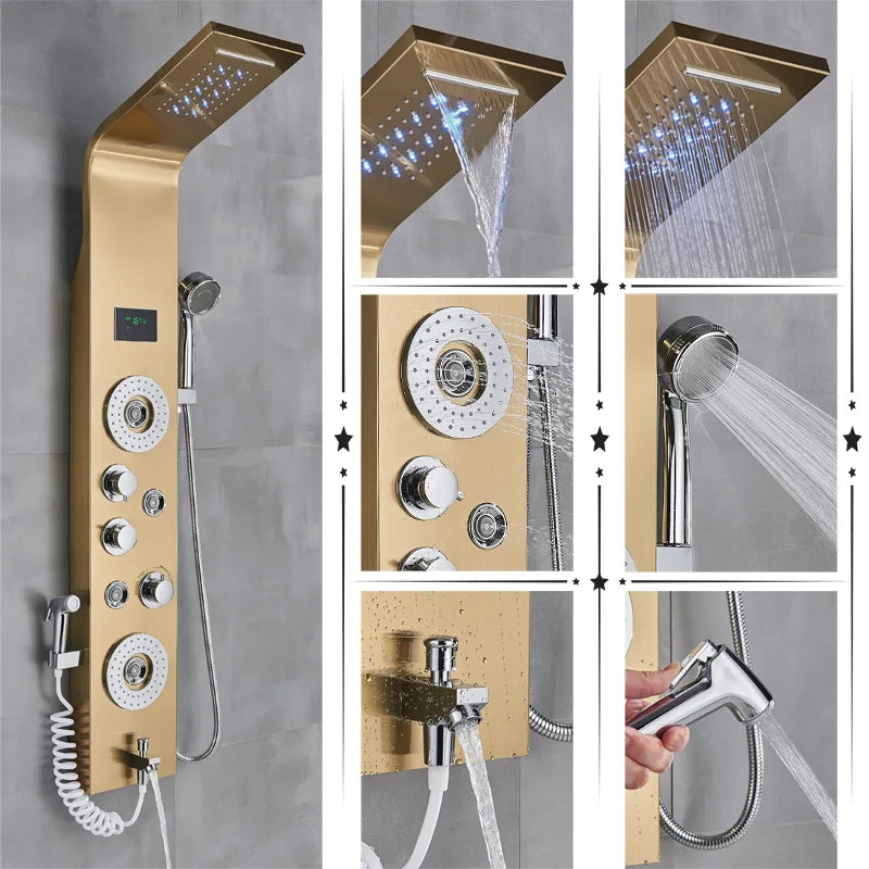 Luxury Black/Brushed Bathroom Shower Faucet Led Rainfall Shower