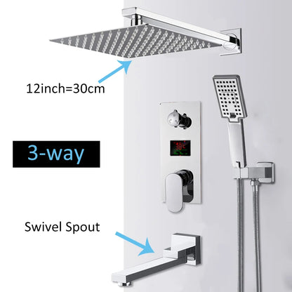Chrome Bathroom Digital Display Shower Faucet Rainfall Shower