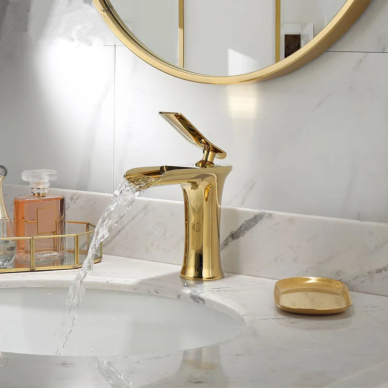 Basin Faucet Gold Waterfall Faucet Brass Bathroom Faucet