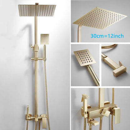 Bathroom Brushed Golden Shower Faucet Wall Mount Rainfall