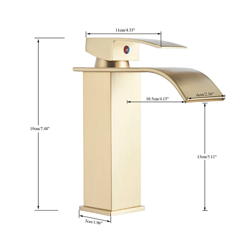 Brushed Gold Bathroom Basin Faucet Deck Mounted Waterfall