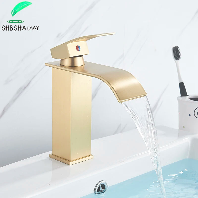 Brushed Gold Bathroom Basin Faucet Deck Mounted Waterfall
