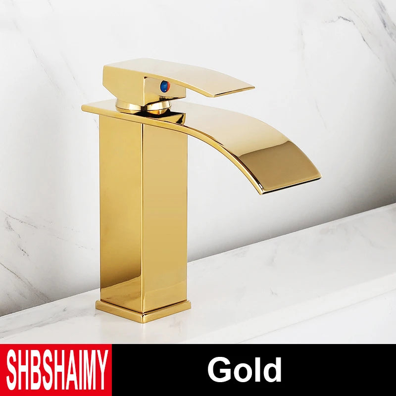 Brushed Gold Bathroom Basin Faucet Deck Mounted Waterfall