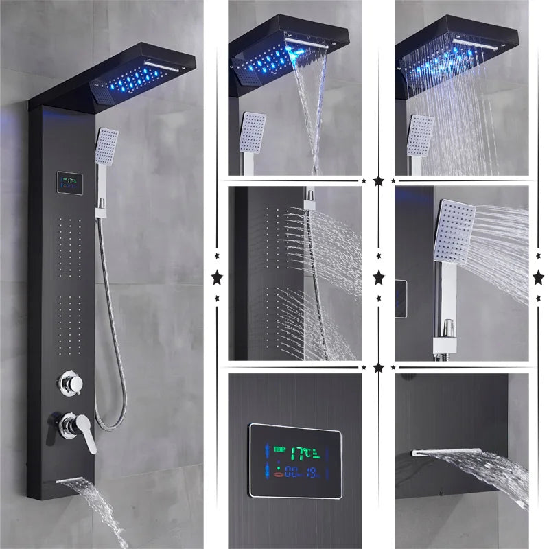 Black/Brushed Bathroom Shower Faucet Led Rainfall Head Shower