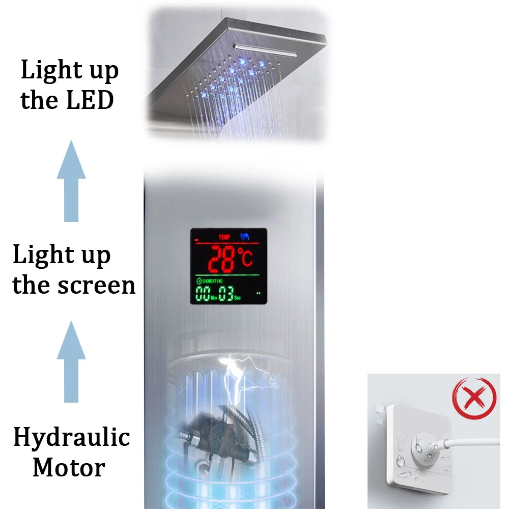 Luxury Black/Brushed Bathroom Led Shower Panel Tower System