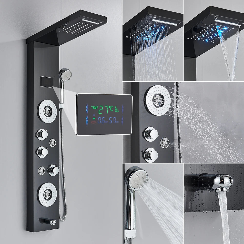 Golden Black Shower Panel Wall Rain Waterfall Shower
