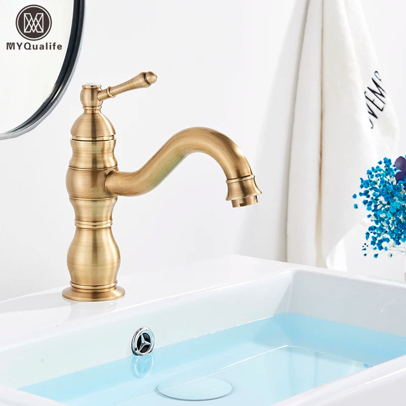 Luxurious Antique Bathroom Basin Faucet Brass Deck Mounted