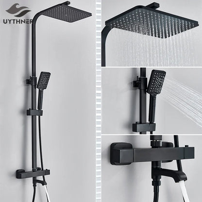 Bathroom Thermostatic Shower Faucet Rainfall Head Wall Mounted