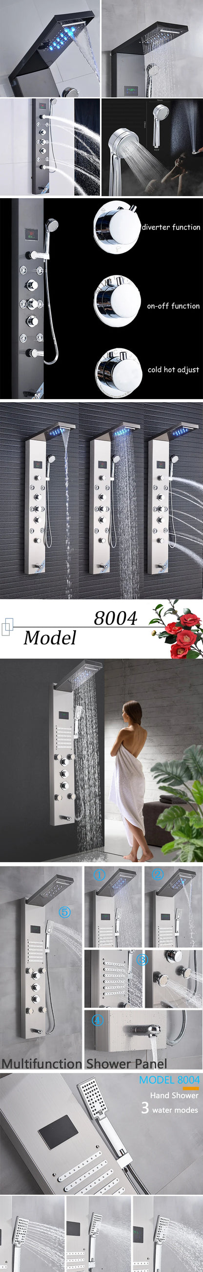 Luxury Black/Brushed Bathroom Led Shower Panel Tower System