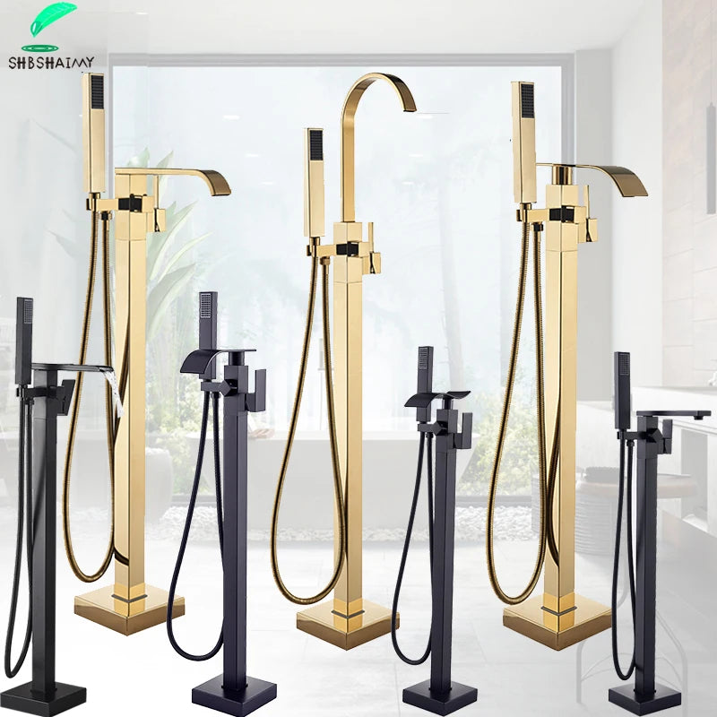 Shbshaimy Golden Floor Bathroom Bathtub Faucet Handshower Cold