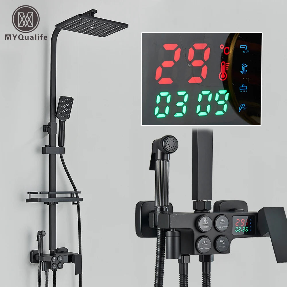 Black Thermostatic Lcd Shower Faucet Temperature Display Rainfall