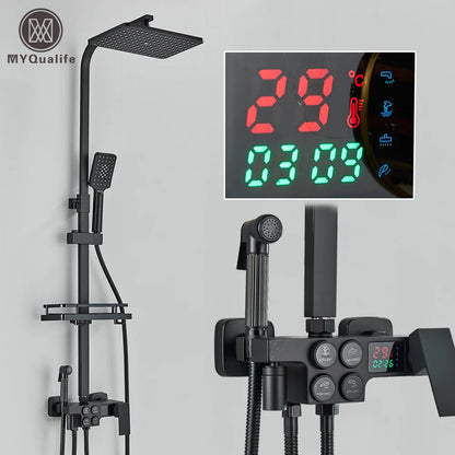 Black Thermostatic Lcd Shower Faucet Temperature Display Rainfall