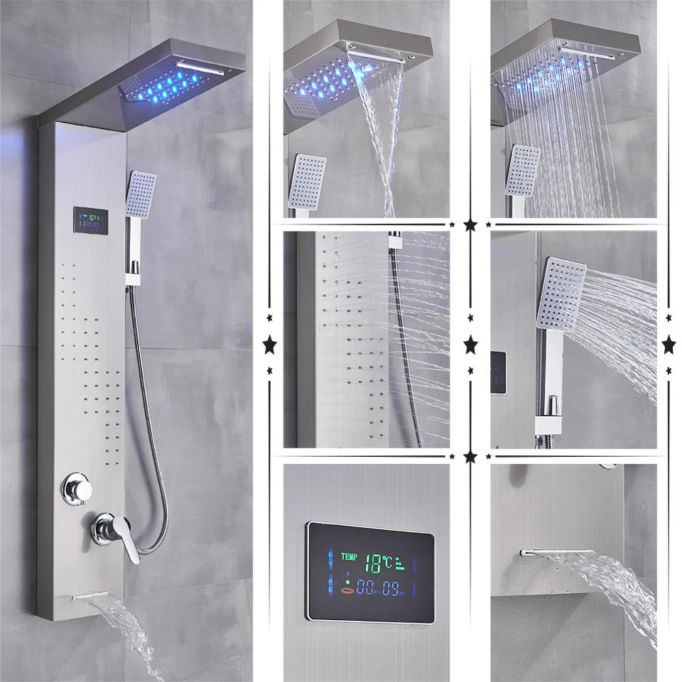 Black/Brushed Bathroom Shower Faucet Led Rainfall Head Shower