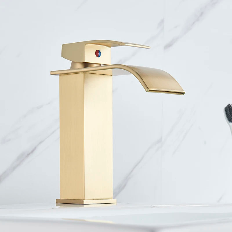 Brushed Gold Bathroom Basin Faucet Deck Mounted Waterfall