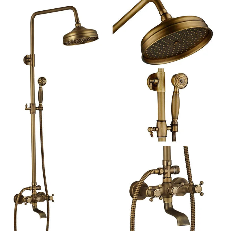 Antique Brass Shower Faucet Mixers Dual Handle Rainfall