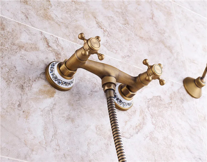 Retro Shower Faucets Antique Brass Ceramics Bathtub Faucets