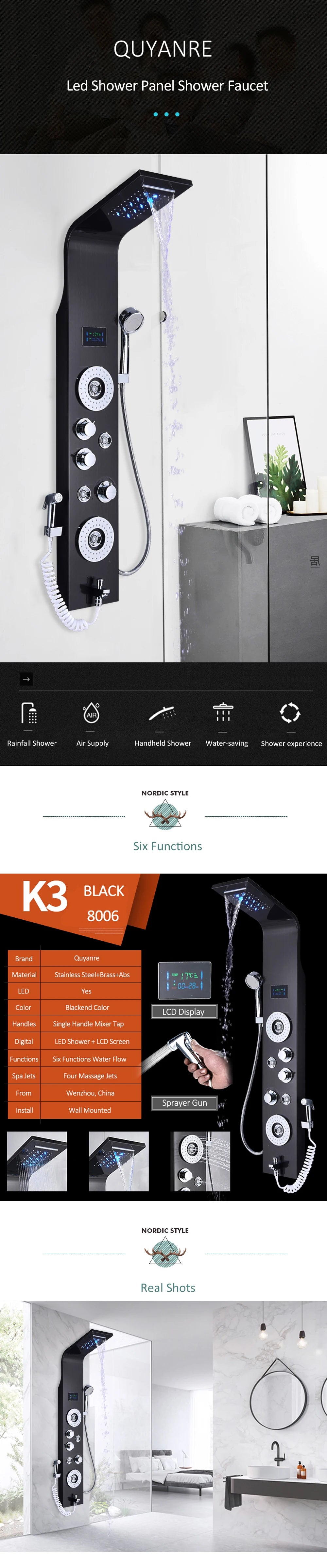 Black Nickel Led Shower Panel Six Functions Shower