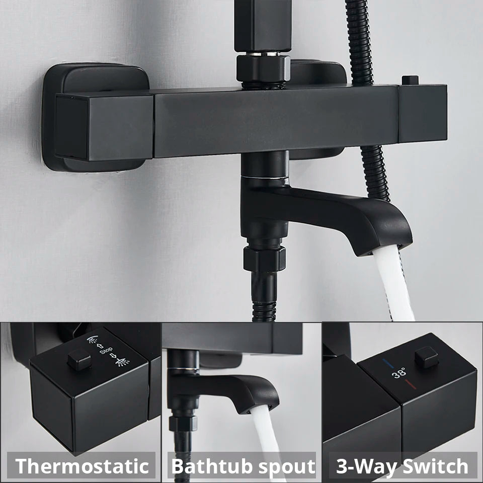 Bathroom Thermostatic Shower Faucet Rainfall Head Wall Mounted