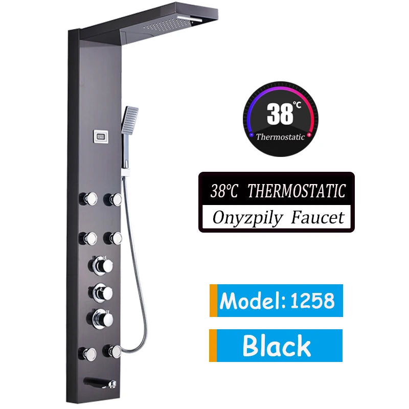 Luxury Black/Brushed Bathroom Led Shower Panel Tower System