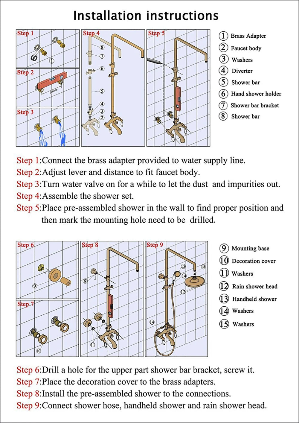 Rozin Brass Antique Bathroom Shower Faucet Wall Mount