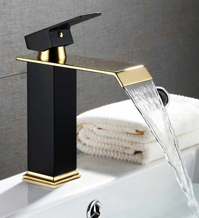 Basin Faucet Gold Black Waterfall Faucet Brass Bathroom