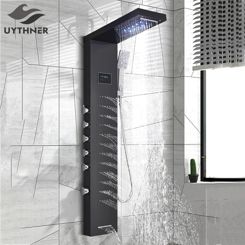 Black/Brushed Bathroom Shower Faucet Led Rainfall Head Shower