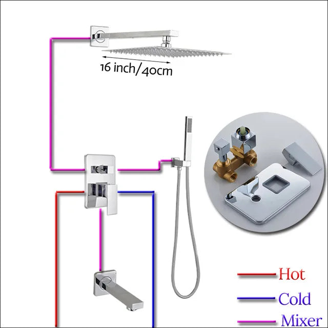 Rozin Wall Mount Rainfall Shower Faucet Chrome Concealed