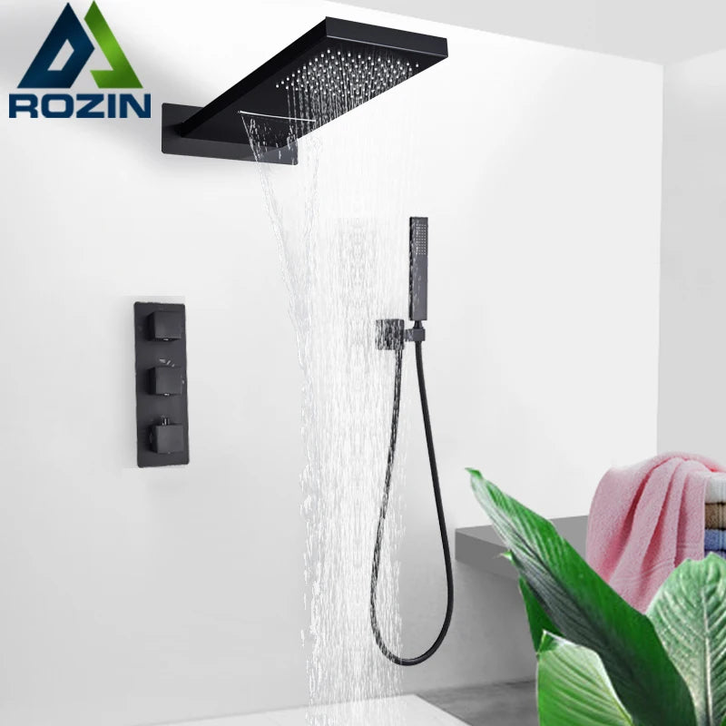 Rozin Matte Black Thermostatic Shower Faucet Wall Mount