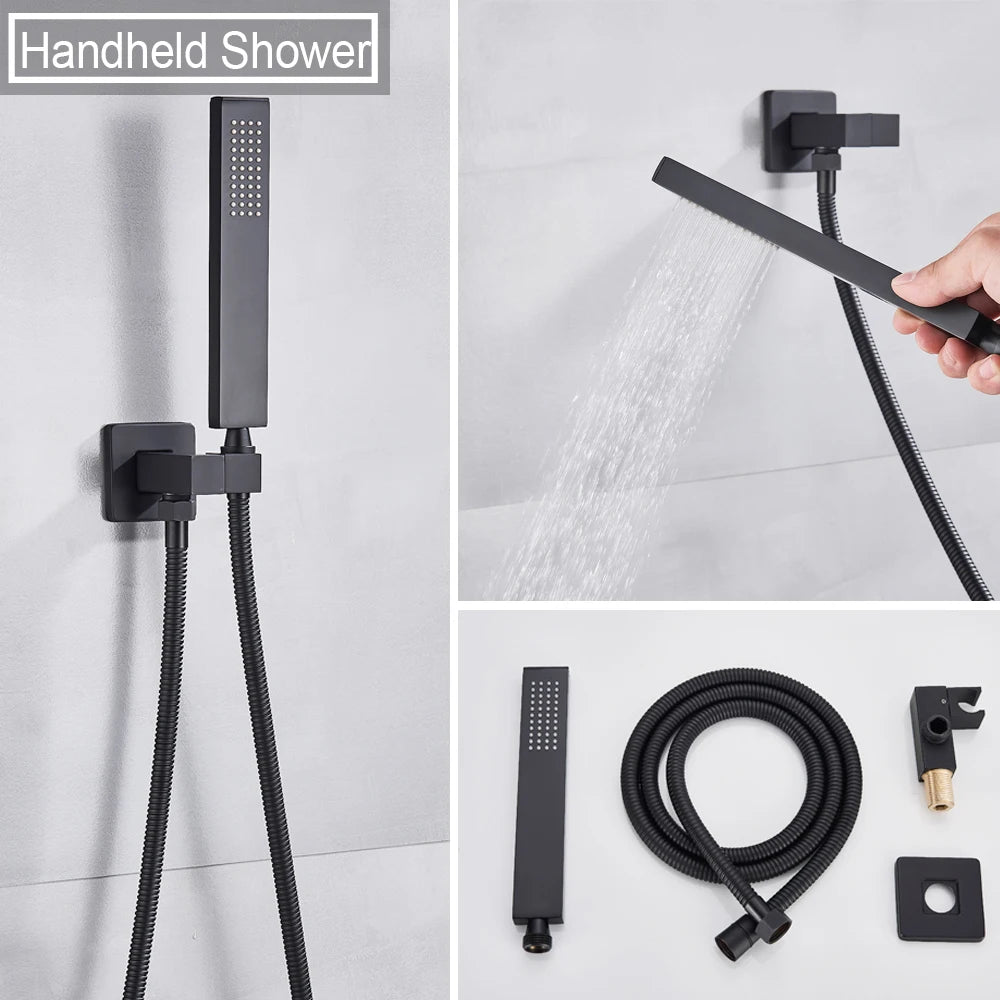 Matte Black Rain Waterfall Shower Thermostatic Mixer Bath