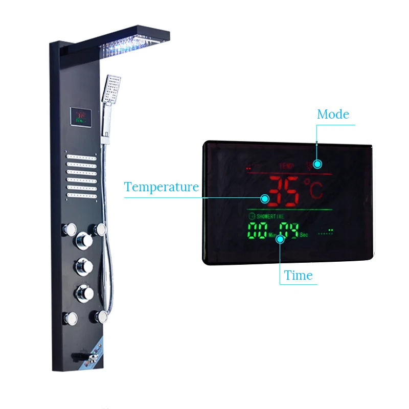 Black/Brushed Stainless Steel 5-Function Waterfall Rain Shower