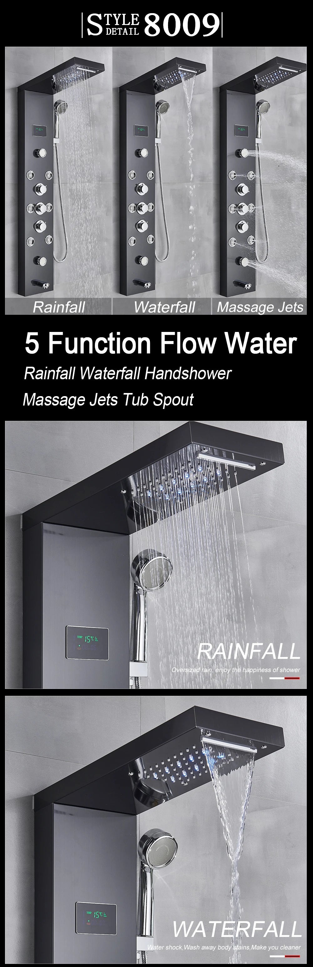 Led Light Shower Panel Waterfall Rain Digital Display