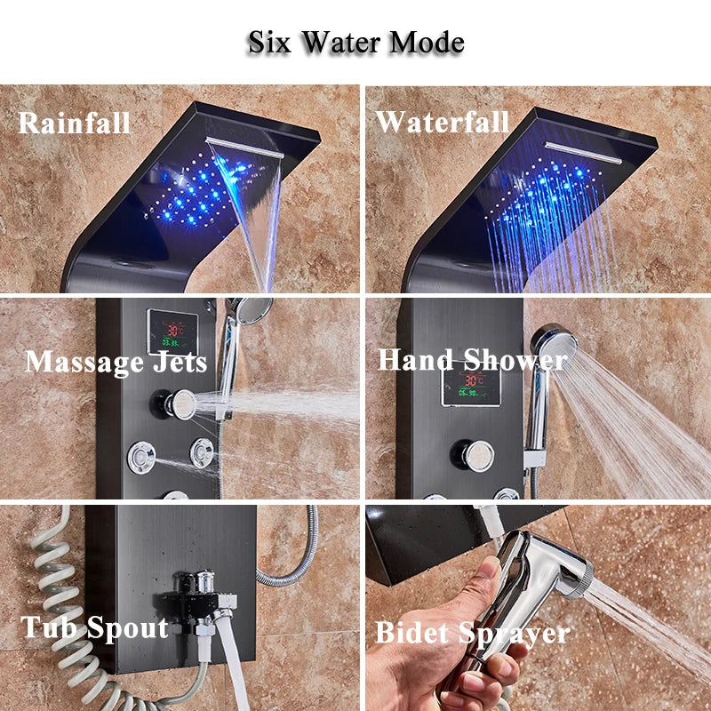 Ulgksd Black/Brushed Bathroom Shower Faucet Led Shower Panel